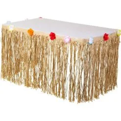 Tan Faux Grass Tissue Paper Fringe Table Skirt With Multicolor Fabric Flowers, 10ft X 29in