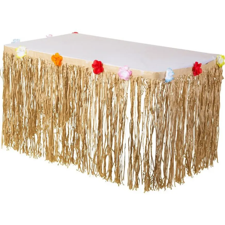 Tan Faux Grass Tissue Paper Fringe Table Skirt With Multicolor Fabric Flowers, 10ft X 29in 3 Tan Faux Grass Tissue Paper Fringe Table Skirt With Multicolor Fabric Flowers, 10ft X 29in