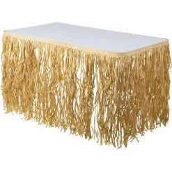 Tan Raffia Grass Fringe Table Skirt, 9ft X 28in