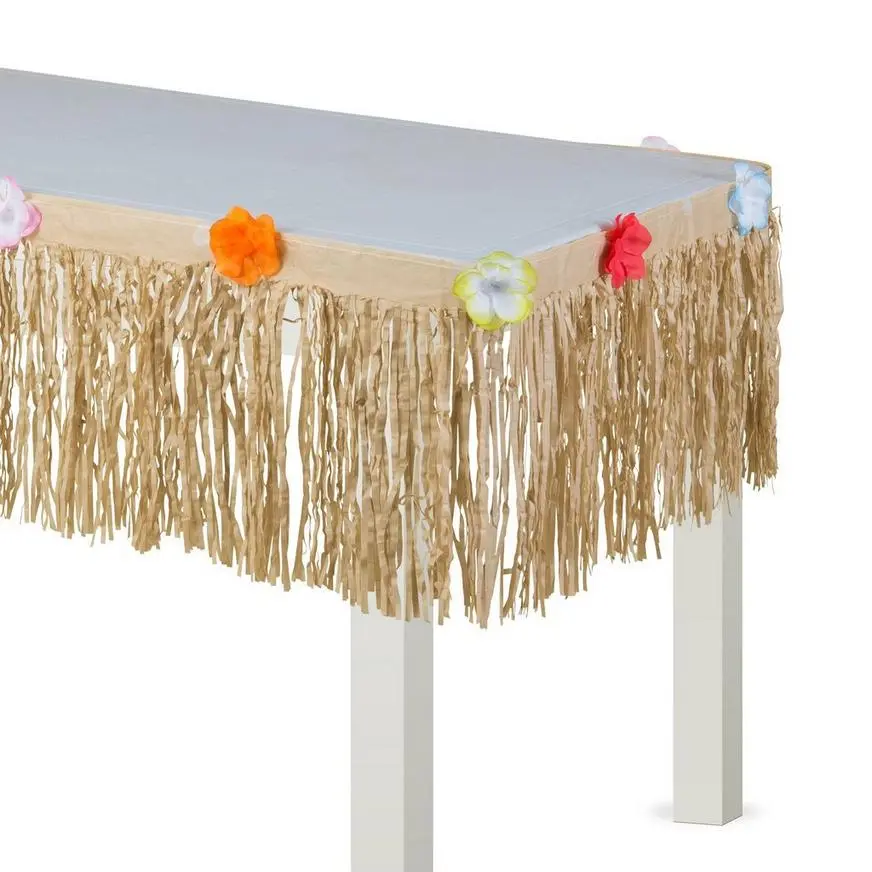Tan Faux Grass Tissue Paper Fringe Table Skirt With Multicolor Fabric Flowers, 9ft X 15in 3 Tan Faux Grass Tissue Paper Fringe Table Skirt With Multicolor Fabric Flowers, 9ft X 15in