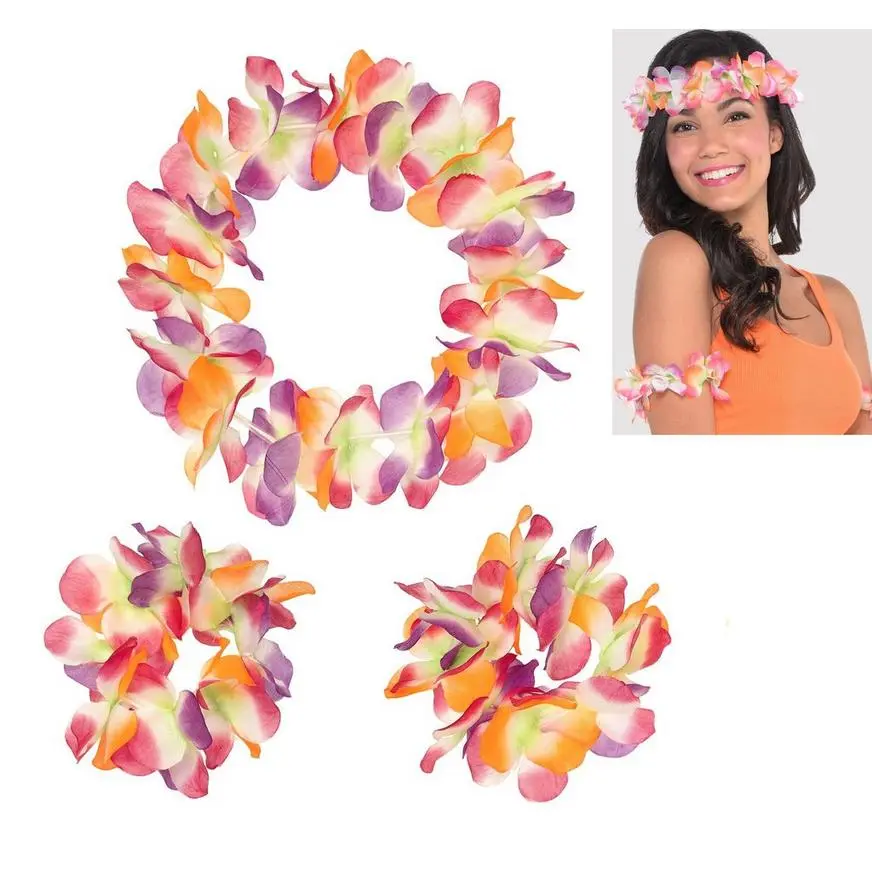 Warm Serendipity Head & Wrist Flower Lei Set 3pc 3 Warm Serendipity Head & Wrist Flower Lei Set 3pc