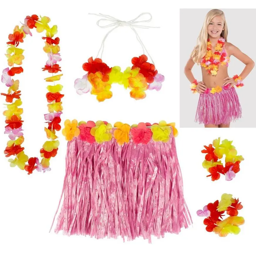 Child Pink Faux Grass Skirt Kit, 5pc 3 Child Pink Faux Grass Skirt Kit, 5pc
