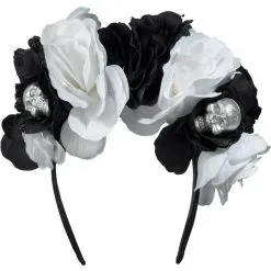 Skull Floral Headband Deluxe - Black & Bone