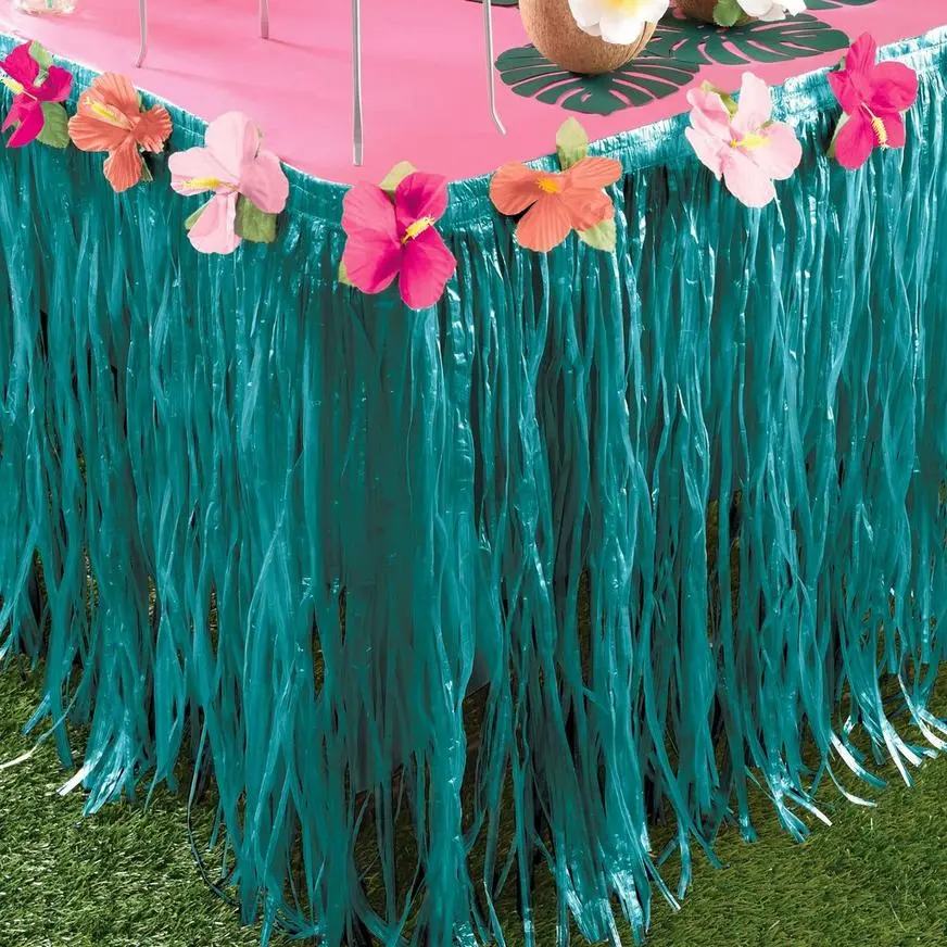 Aloha Faux Grass Plastic Fringe Table Skirt With Fabric Flowers, 9ft X 30in 3 Aloha Faux Grass Plastic Fringe Table Skirt With Fabric Flowers, 9ft X 30in