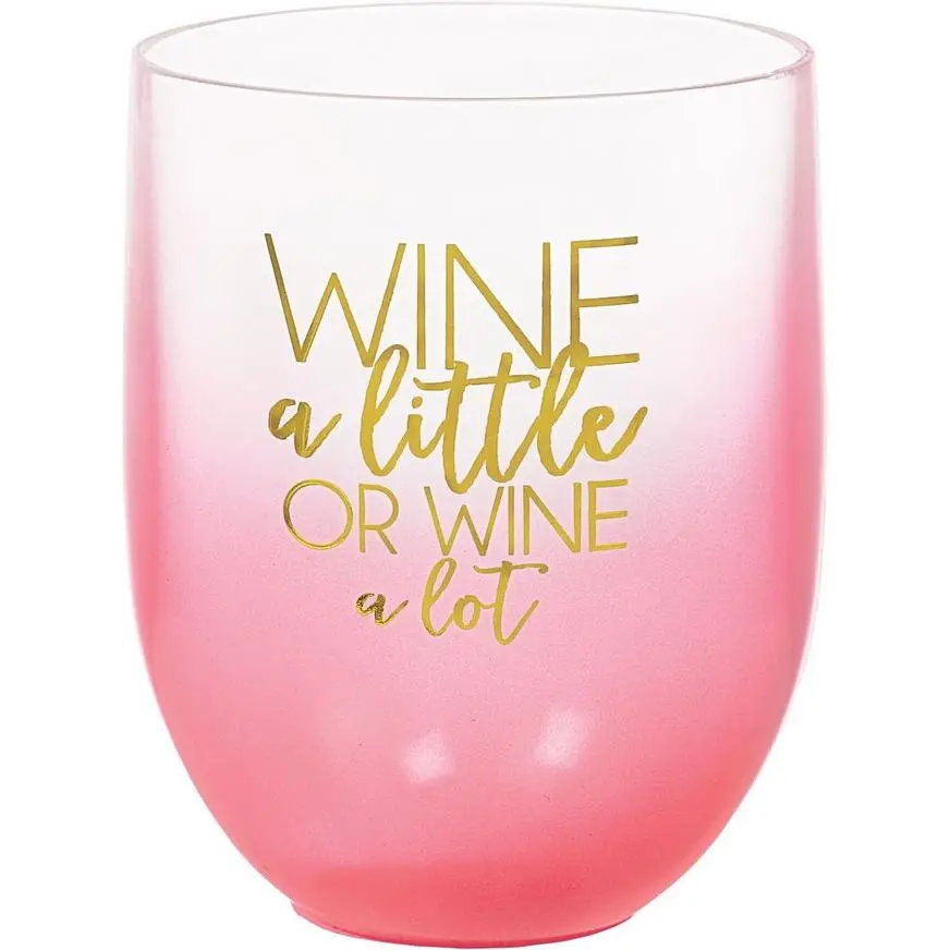 AMSCAN Pink Ombre Wine A Little Or Wine A Lot Plastic Stemless Wine Glass, 15oz 3 AMSCAN Pink Ombre Wine A Little Or Wine A Lot Plastic Stemless Wine Glass, 15oz