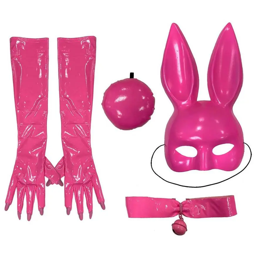Adult Bright Pink Latex Bunny Costume Accessory Kit 3 Adult Bright Pink Latex Bunny Costume Accessory Kit