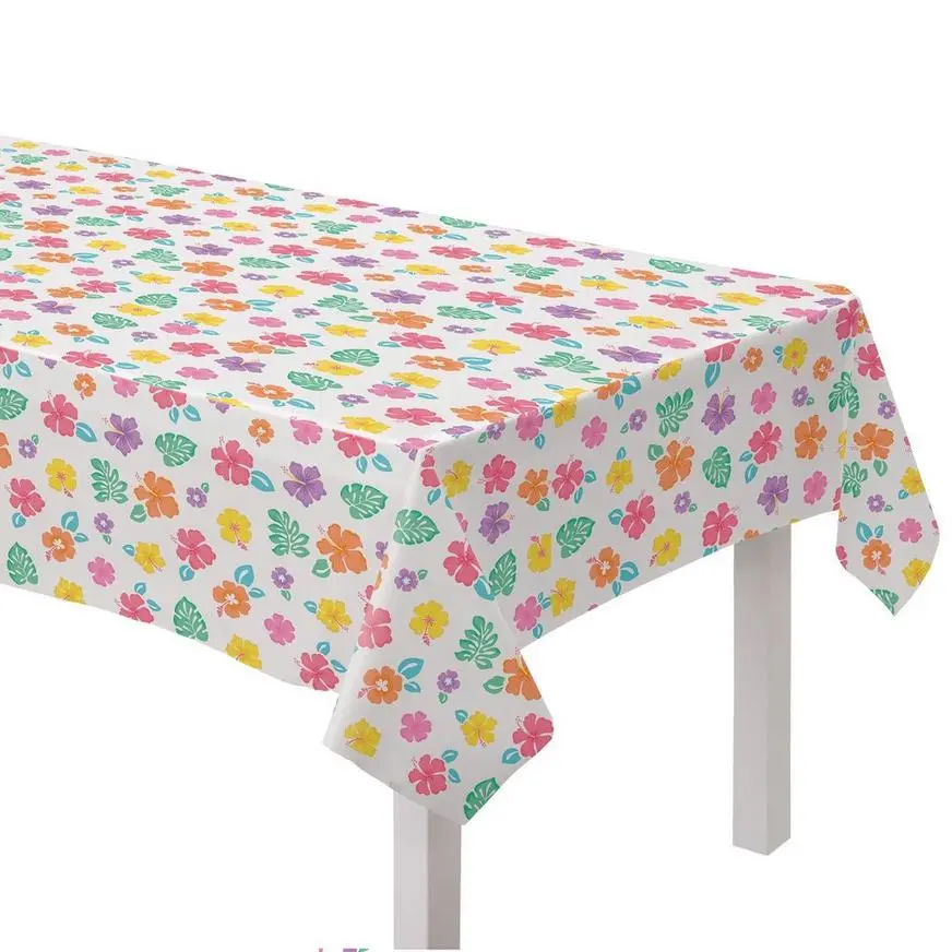 Summer Hibiscus Flannel-Backed Vinyl Table Cover, 52in X 90in 3 Summer Hibiscus Flannel-Backed Vinyl Table Cover, 52in X 90in