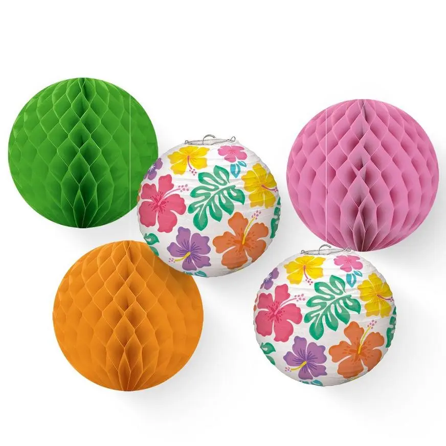 Summer Hibiscus Honeycomb Balls (12in) & Paper Lanterns (9.5in), 5ct 3 Summer Hibiscus Honeycomb Balls (12in) & Paper Lanterns (9.5in), 5ct
