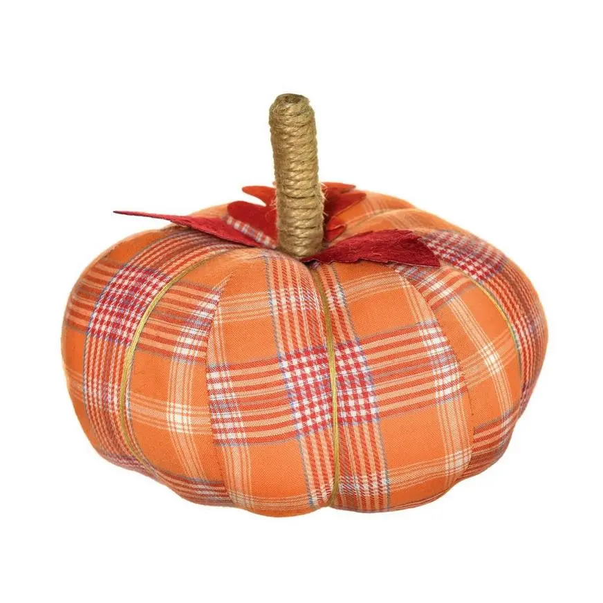 Orange Plaid Natural & Fabric Fall Pumpkin Decoration, 8in X 6in 3 Orange Plaid Natural & Fabric Fall Pumpkin Decoration, 8in X 6in