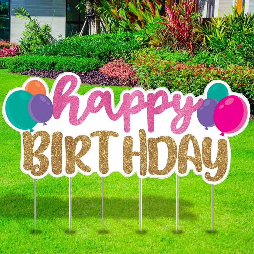 Gold & Pink Glitter Happy Birthday Corrugated Plastic Yard Sign, 67.6in X 30.7in 3 Gold & Pink Glitter Happy Birthday Corrugated Plastic Yard Sign, 67.6in X 30.7in