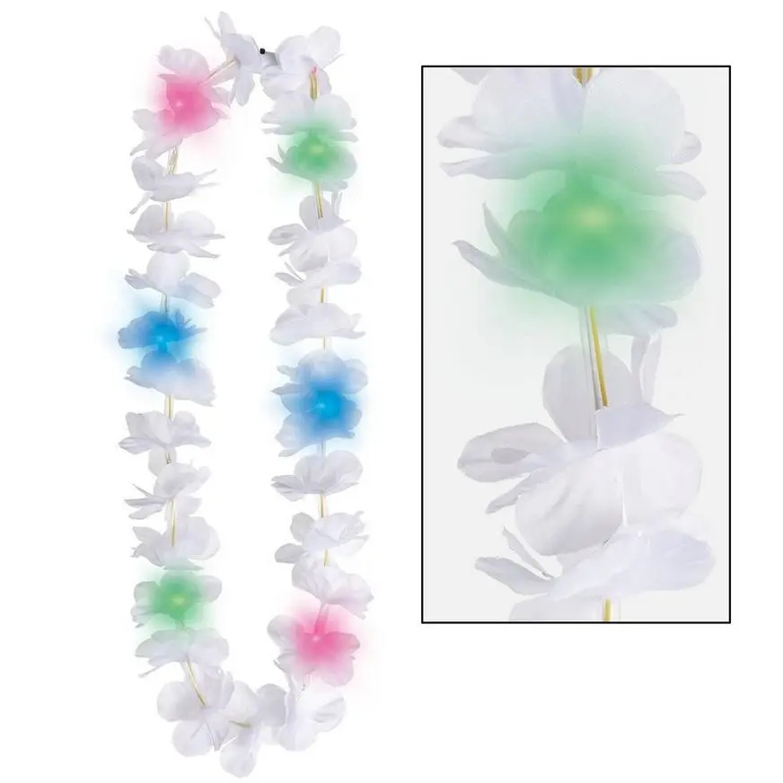 Light-Up White Fabric Flower Lei With Multicolor LEDs, 40in 3 Light-Up White Fabric Flower Lei With Multicolor LEDs, 40in