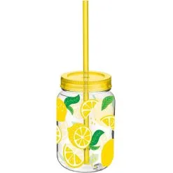 Summer Lemon Plastic Mason Jar Cup With Straw, 16oz