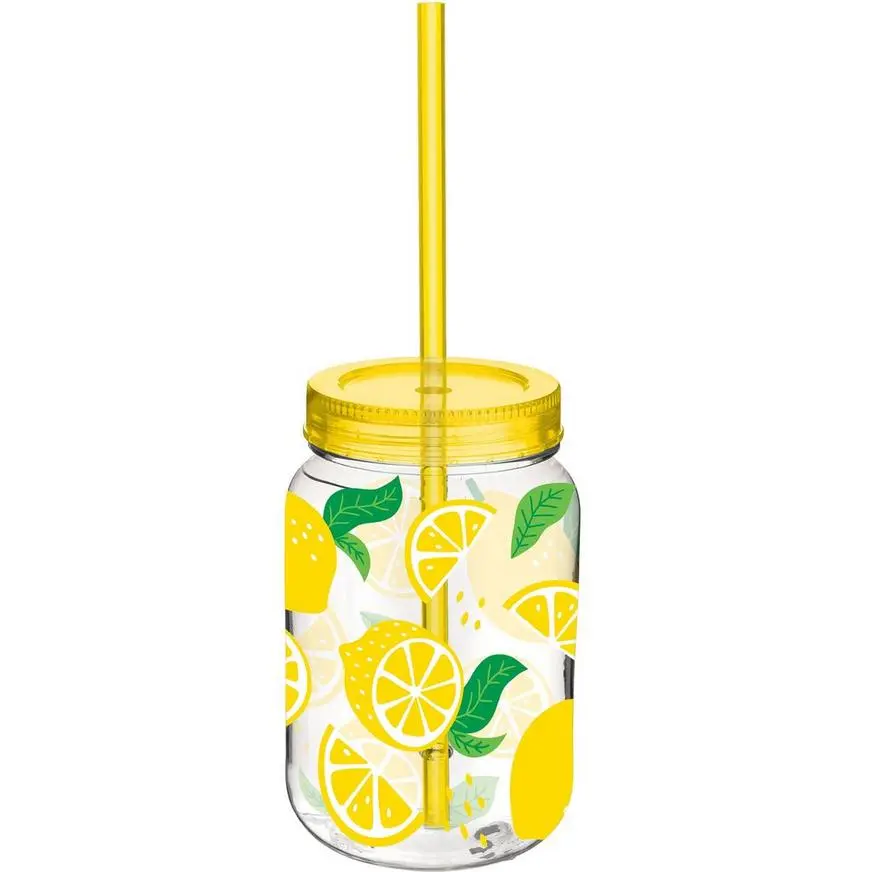 Summer Lemon Plastic Mason Jar Cup With Straw, 16oz 3 Summer Lemon Plastic Mason Jar Cup With Straw, 16oz