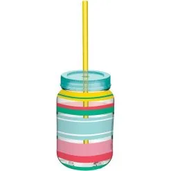 Summer Stripe Plastic Mason Jar Cup With Straw, 16oz