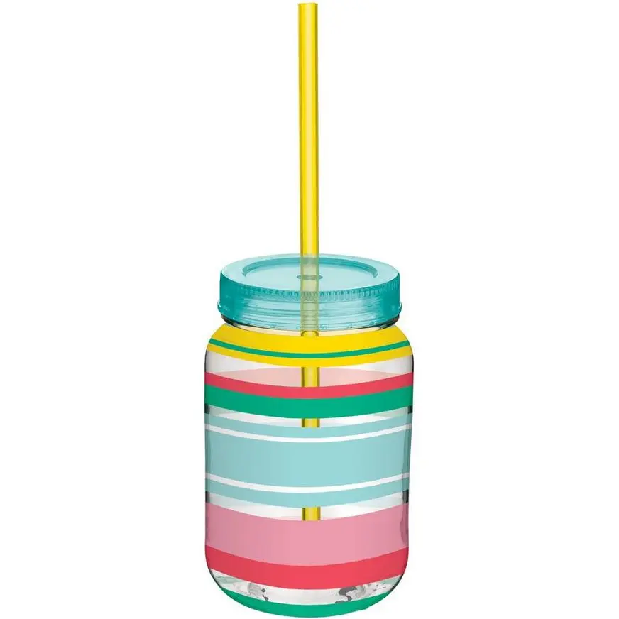 Summer Stripe Plastic Mason Jar Cup With Straw, 16oz 3 Summer Stripe Plastic Mason Jar Cup With Straw, 16oz
