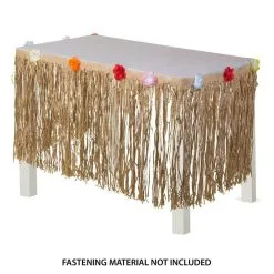 Tan Faux Grass Tissue Paper Fringe Table Skirt With Multicolor Fabric Flowers & Table Cover Clips, 10ft X 29in -Party Themes Sales 940433 02