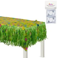 Summer Flower Plastic Table Cover & Green Faux Grass Fringe Table Skirt Set With Table Cover Clips