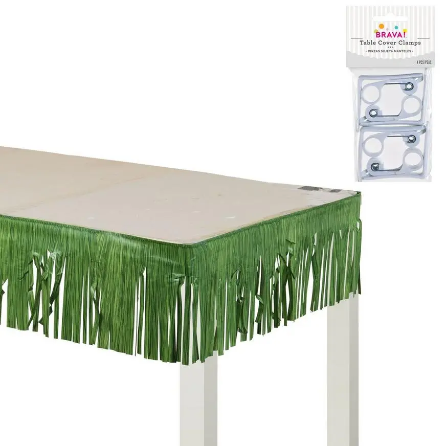 Green Faux Grass Plastic Fringe Table Skirt With Table Cover Clips, 50ft X 10in 3 Green Faux Grass Plastic Fringe Table Skirt With Table Cover Clips, 50ft X 10in