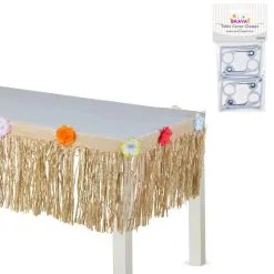 Tan Faux Grass Tissue Paper Fringe Table Skirt With Multicolor Fabric Flowers & Table Cover Clips, 9ft X 15in