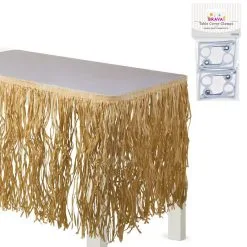 Tan Raffia Grass Fringe Table Skirt With Table Cover Clips, 9ft X 28in