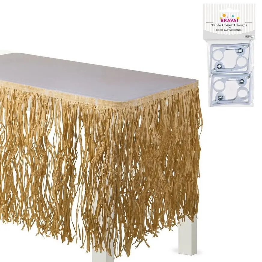 Tan Raffia Grass Fringe Table Skirt With Table Cover Clips, 9ft X 28in 3 Tan Raffia Grass Fringe Table Skirt With Table Cover Clips, 9ft X 28in