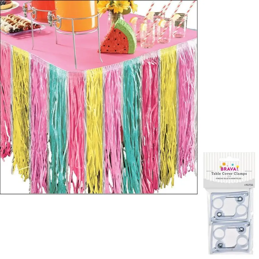 Pastel Just Chillin Faux Grass Tissue Paper Fringe Table Skirt With Table Cover Clips, 9ft X 30in 3 Pastel Just Chillin Faux Grass Tissue Paper Fringe Table Skirt With Table Cover Clips, 9ft X 30in
