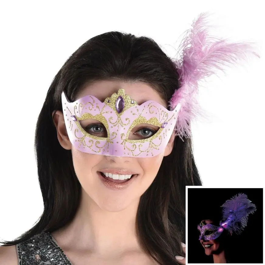 AMSCAN Adult Lavender & Gold Glitter Masquerade Mask With Light-Up Feathers 3 AMSCAN Adult Lavender & Gold Glitter Masquerade Mask With Light-Up Feathers