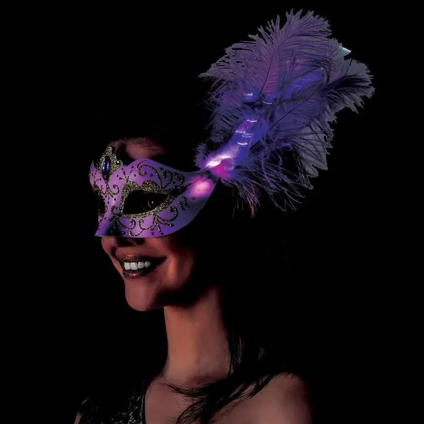 AMSCAN Adult Lavender & Gold Glitter Masquerade Mask With Light-Up Feathers 5 AMSCAN Adult Lavender & Gold Glitter Masquerade Mask With Light-Up Feathers - Image 3
