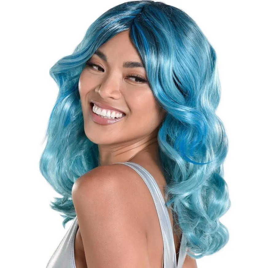 AMSCAN Blue Medium Length Curly Wig 4 AMSCAN Blue Medium Length Curly Wig - Image 2