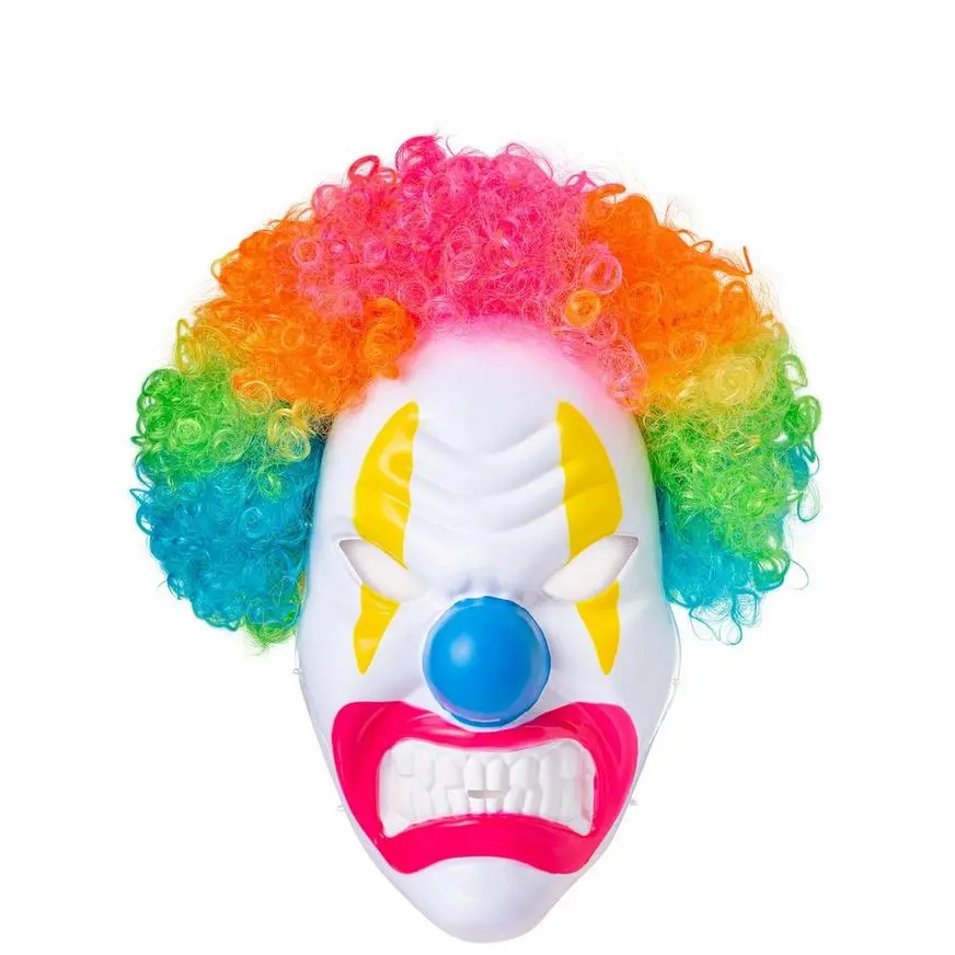 Adult Light-Up Angry Clown Plastic Mask With Colorful Wig - Neon Circus 3 Adult Light-Up Angry Clown Plastic Mask With Colorful Wig - Neon Circus