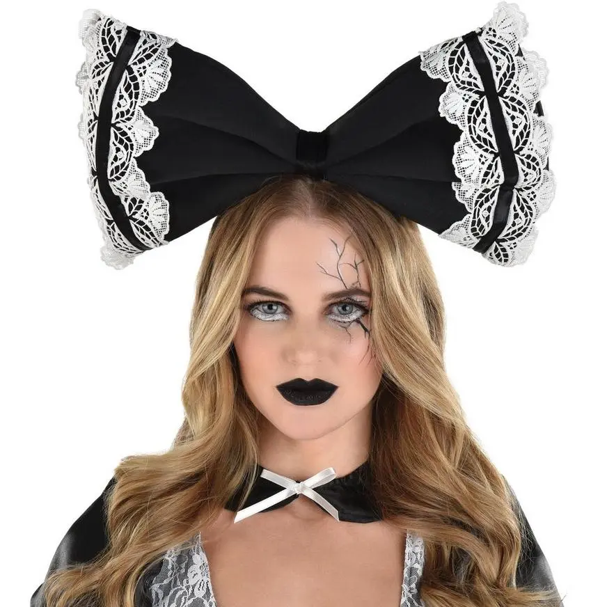 Adult Black & White Creepy Doll Bow Headband 5 Adult Black & White Creepy Doll Bow Headband - Image 3