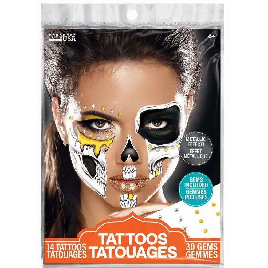 Black, White & Metallic Gold Glam Skull Temporary Face Tattoos With Gems, 44pc 3 Black, White & Metallic Gold Glam Skull Temporary Face Tattoos With Gems, 44pc