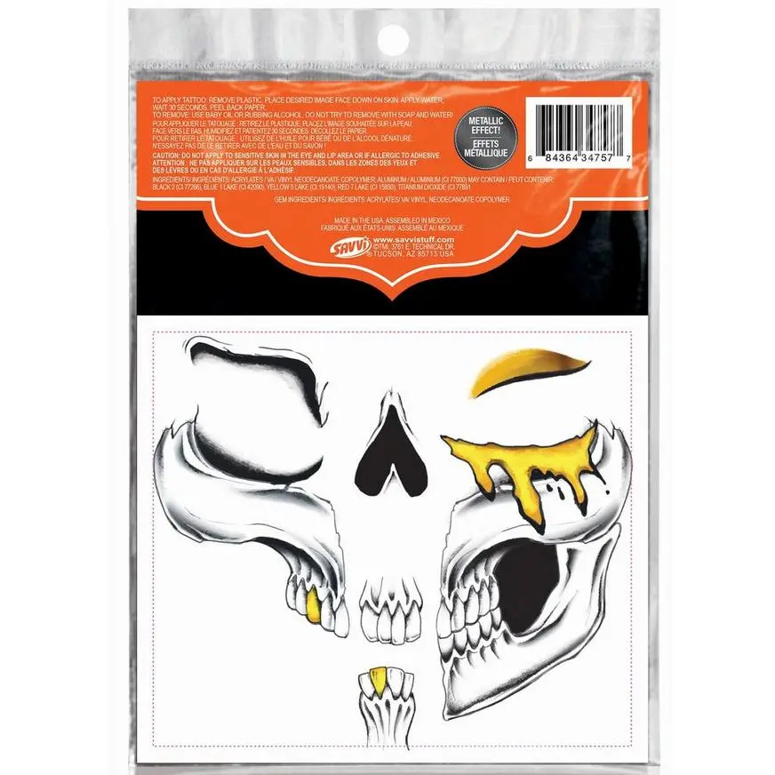 Black, White & Metallic Gold Glam Skull Temporary Face Tattoos With Gems, 44pc 4 Black, White & Metallic Gold Glam Skull Temporary Face Tattoos With Gems, 44pc - Image 2