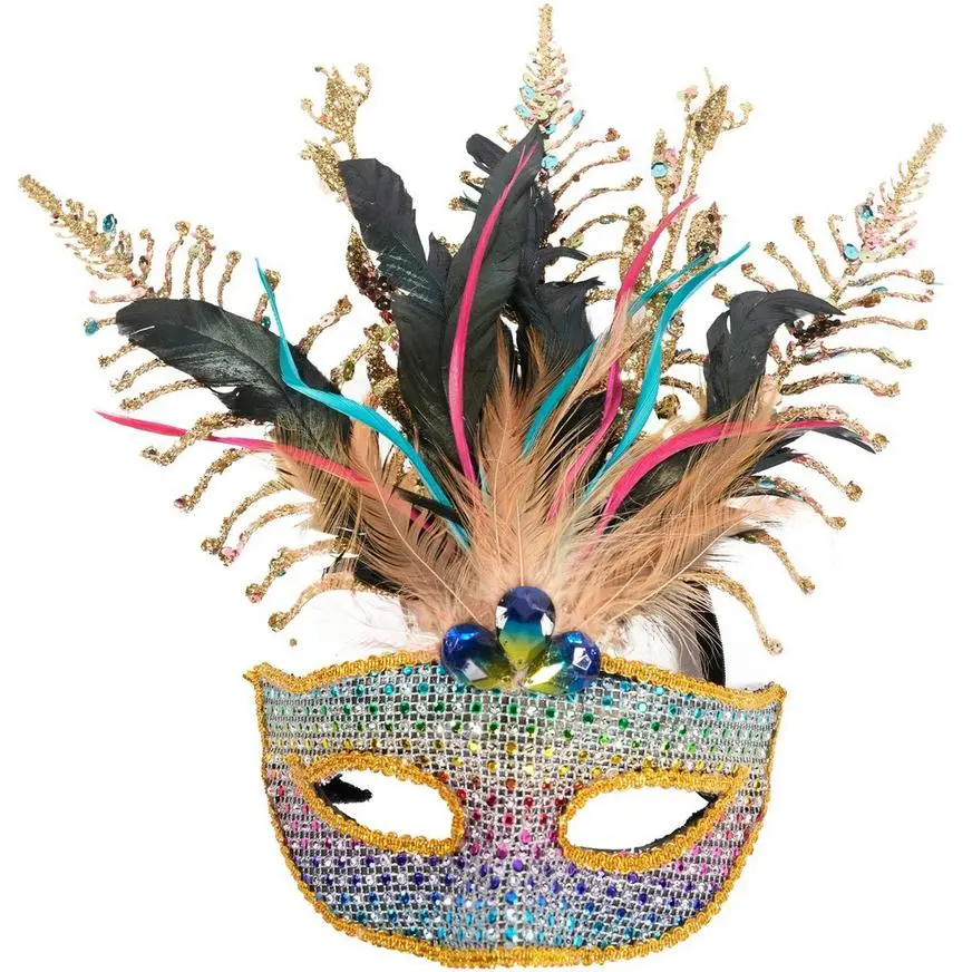 Adult Rainbow Rhinestone & Gold Feather Masquerade Mask 3 Adult Rainbow Rhinestone & Gold Feather Masquerade Mask