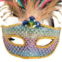 Adult Rainbow Rhinestone & Gold Feather Masquerade Mask 8 Adult Rainbow Rhinestone & Gold Feather Masquerade Mask -Party Themes Sales 942820 02