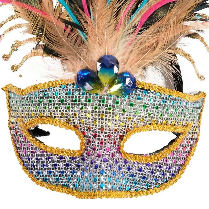 Adult Rainbow Rhinestone & Gold Feather Masquerade Mask 5 Adult Rainbow Rhinestone & Gold Feather Masquerade Mask - Image 3