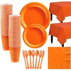 Orange Plastic Tableware Kit For 50 Guests
