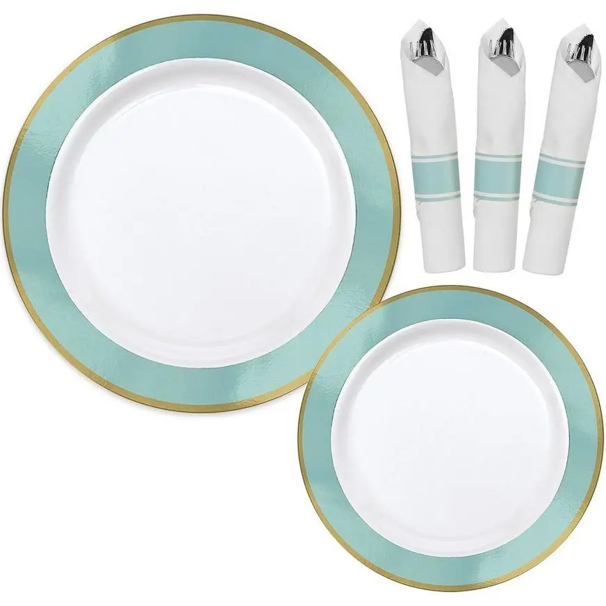 Premium Robin's Egg Blue Border & Gold Tableware Kit For 20 Guests 3 Premium Robin's Egg Blue Border & Gold Tableware Kit For 20 Guests