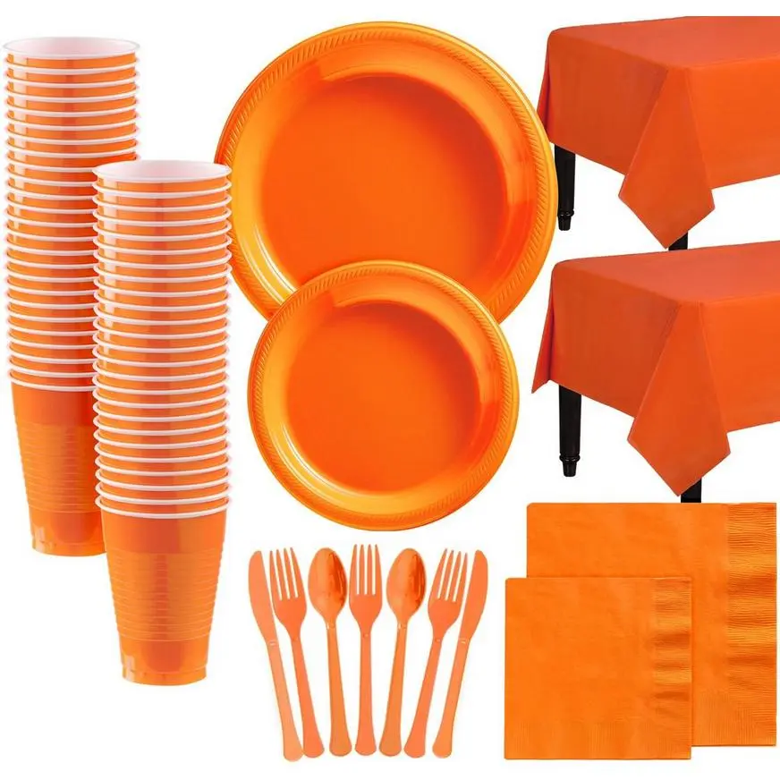 Orange Plastic Tableware Kit For 100 Guests 3 Orange Plastic Tableware Kit For 100 Guests