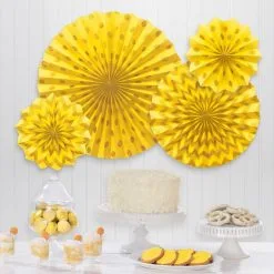 Glitter Sunshine Yellow Polka Dot & Chevron Paper Fan Decorations, 4ct