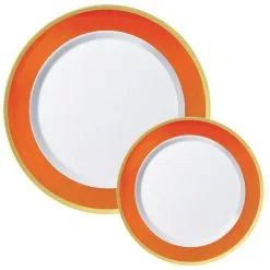 Round Premium Plastic Dinner (10.25in) & Dessert (7.5in) Plates With Orange & Gold Border, 20ct