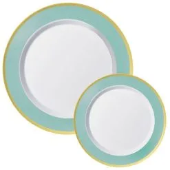 Round Premium Plastic Dinner (10.25in) & Dessert (7.5in) Plates With Robin's Egg Blue & Gold Border, 20ct