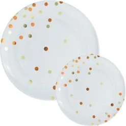 Orange Confetti Round Premium Plastic Dinner (10.5in) & Dessert (7.5in) Plates, 20ct