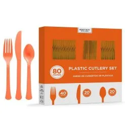 Orange Heavy-Duty Plastic Cutlery Set For 20 Guests, 80ct
