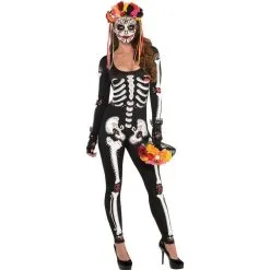 Adult La Muerta Day Of The Dead Skeleton Catsuit