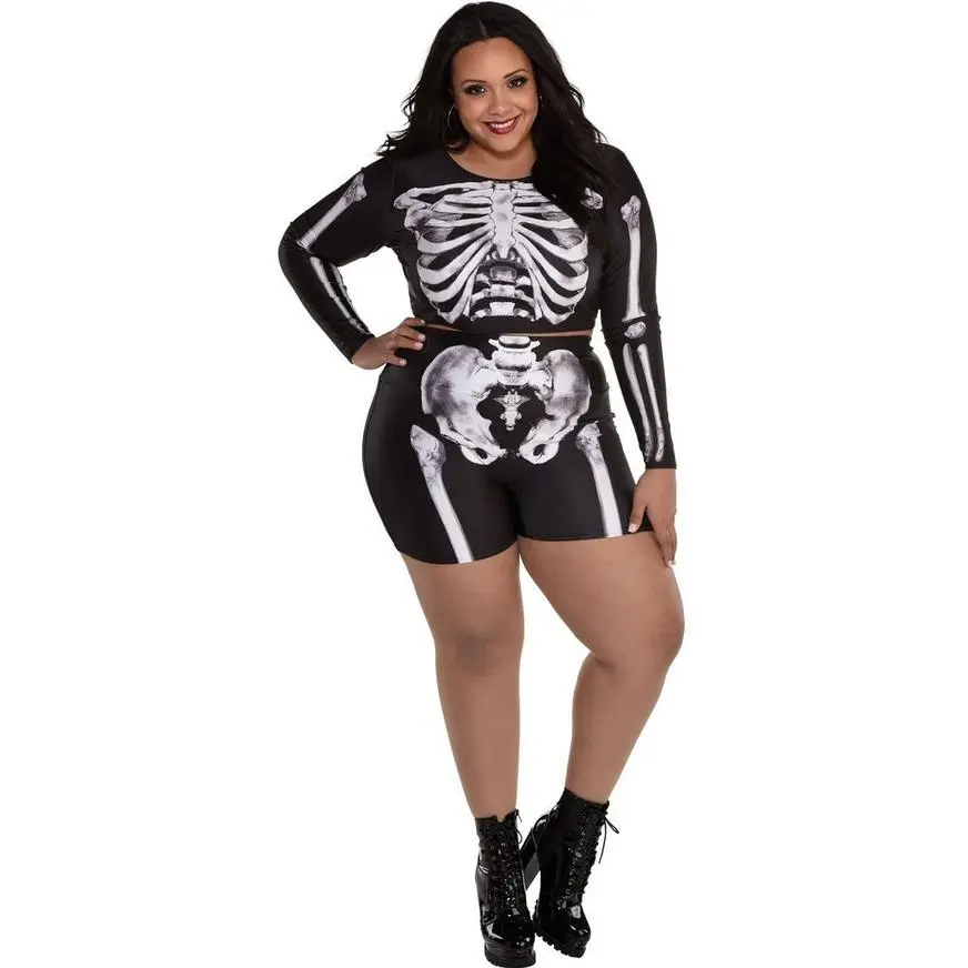 AMSCAN Plus Size Skeleton Crop Top & Biker Shorts Set For Adults 3 AMSCAN Plus Size Skeleton Crop Top & Biker Shorts Set For Adults