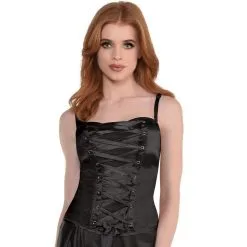 Black Satin Lace-Up Corset For Adults With Removable Straps